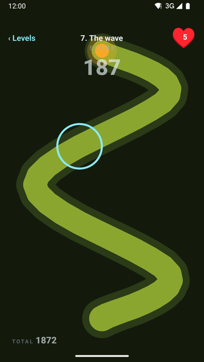 steadi level 7, The wave: a broad green winding track on a dark field with the finger ring mid-trace